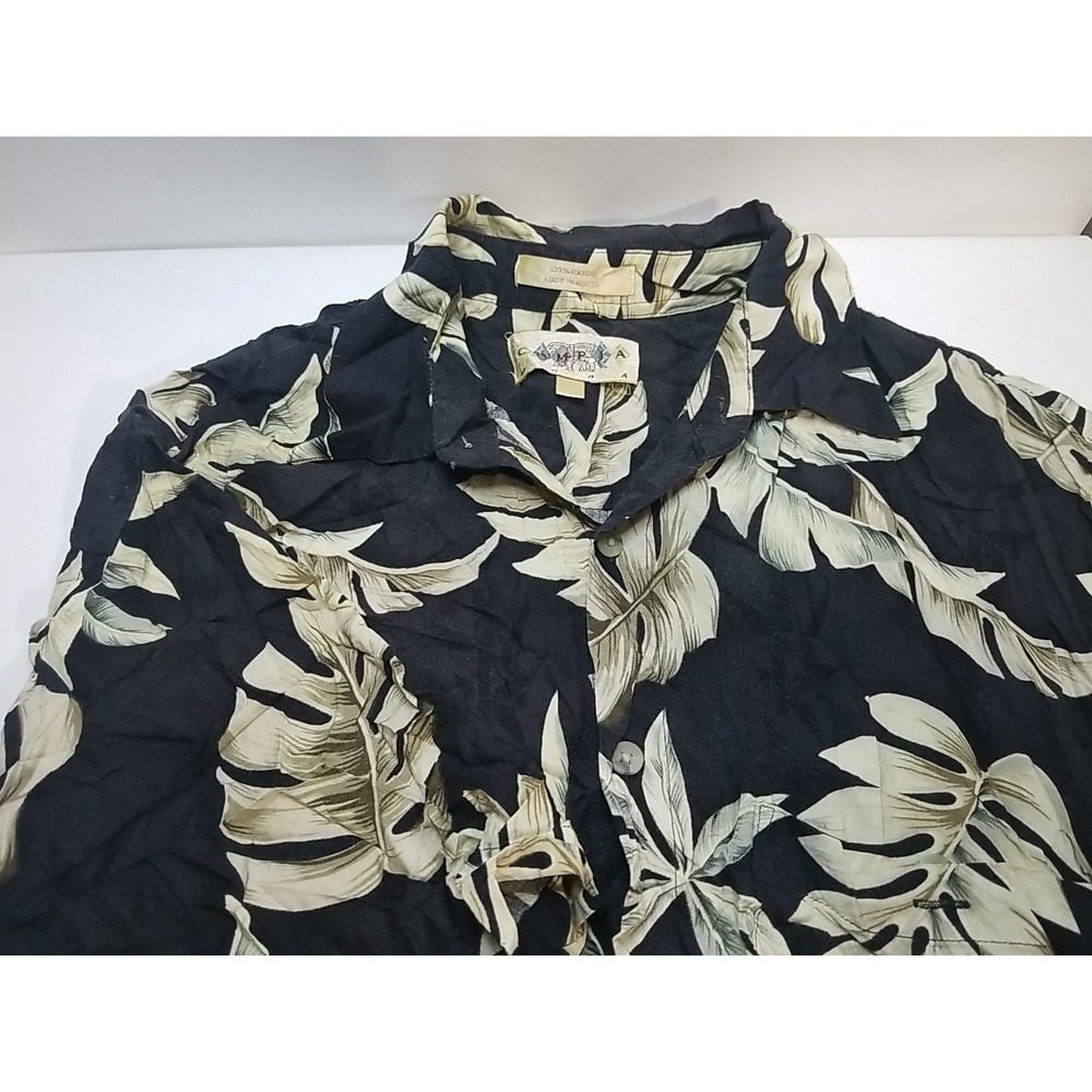 Campia Moda Hawaiian Mens Shirt Medium Black Floral Rayon Button Up Short Sleeve